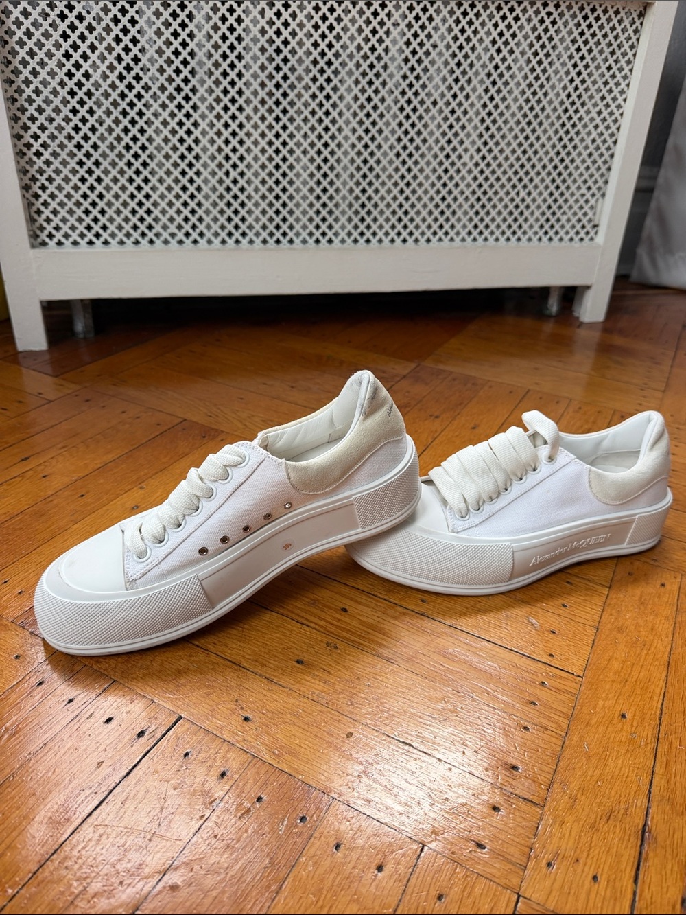 Alexander McQueen White Canvas Platform Sneakers Suede Heel | Size 39.5